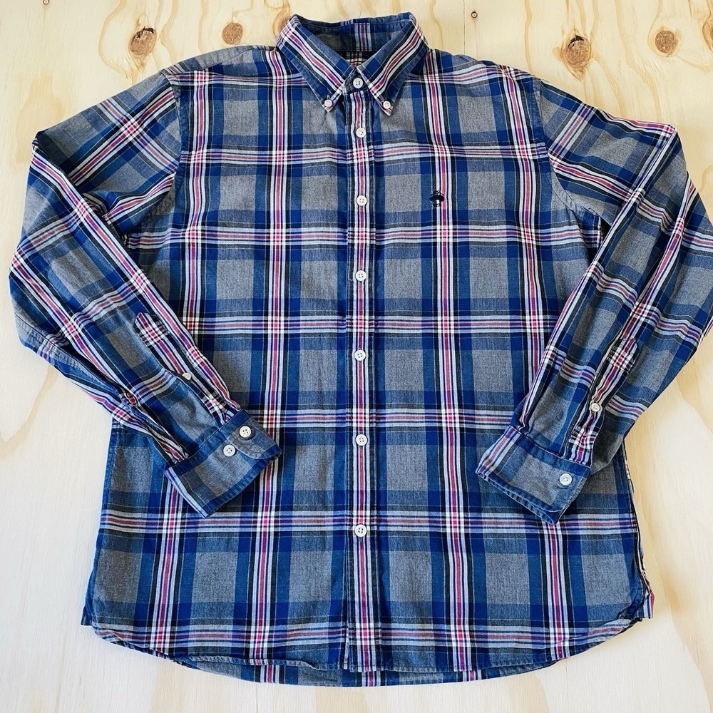 Brooks Brothers Red Fleece Mens Medium Plaid Shirt Grey Blue Red Cotton